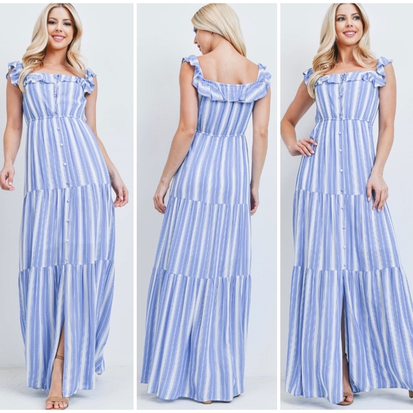 LAST 1❗PINK BLUSH Feminine Chic Blue White Stripes Tired Maxi Dress - Picture 2 of 6